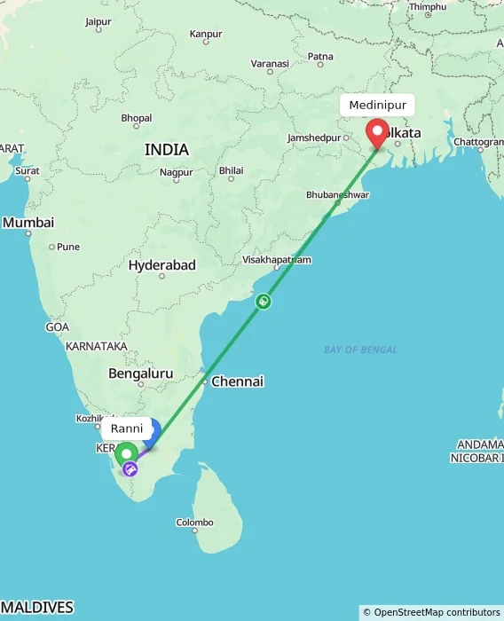 Route map showing distance and travel time from Ranni, India to Medinipur, India