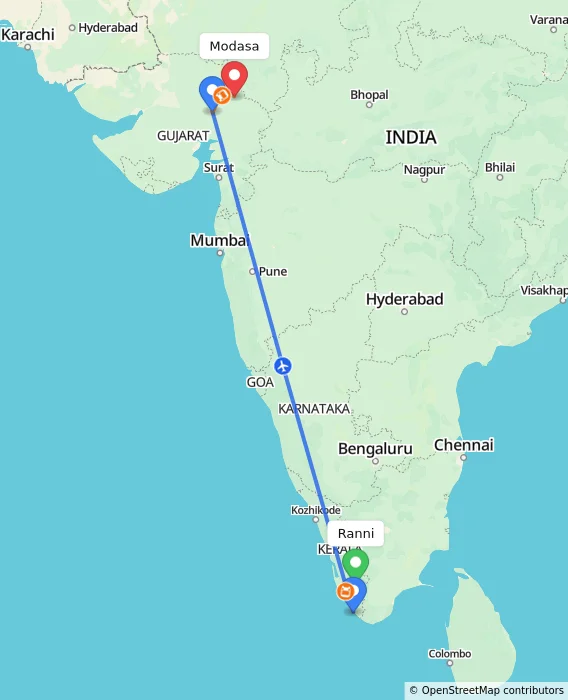 Route map showing distance and travel time from Ranni, India to Modasa, India