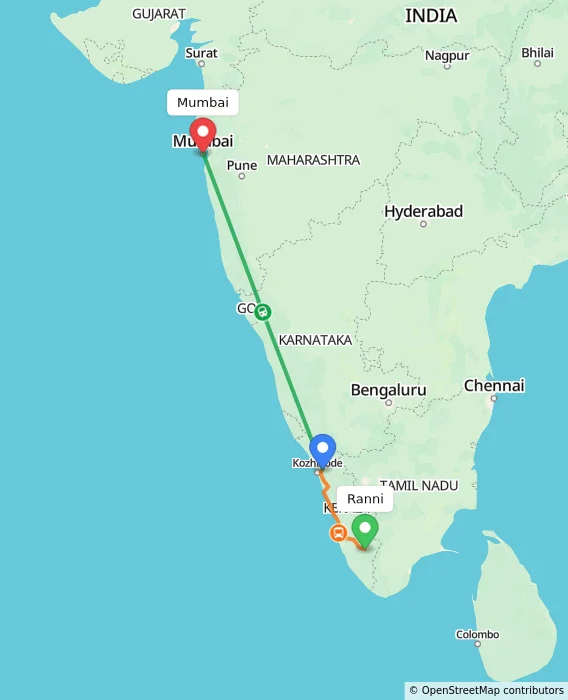 Route map showing distance and travel time from Ranni, India to Mumbai, India