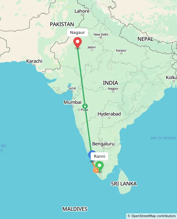 Route map showing distance and travel time from Ranni, India to Nagaur, India