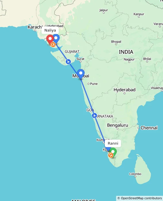 Route map showing distance and travel time from Ranni, India to Naliya, India