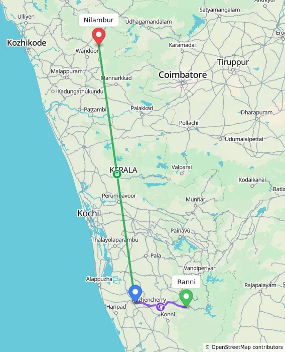 Route map showing distance and travel time from Ranni, India to Nilambur, India