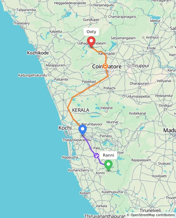 Route map showing distance and travel time from Ranni, India to Ooty, India