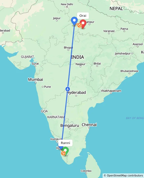 Route map showing distance and travel time from Ranni, India to Orai, India