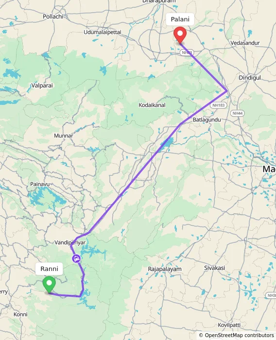 Route map showing distance and travel time from Ranni, India to Palani, India