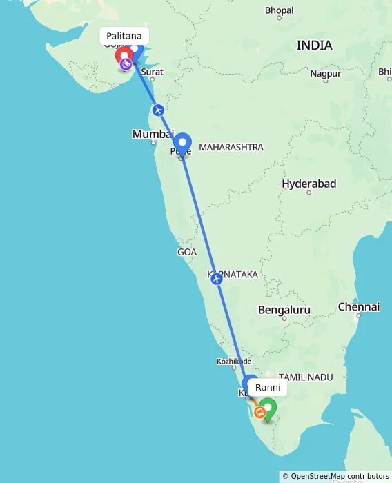 Route map showing distance and travel time from Ranni, India to Palitana, India