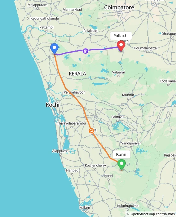 Route map showing distance and travel time from Ranni, India to Pollachi, India