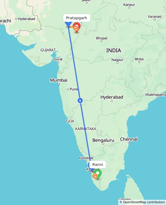 Route map showing distance and travel time from Ranni, India to Pratapgarh, India