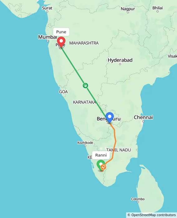 Route map showing distance and travel time from Ranni, India to Pune, India