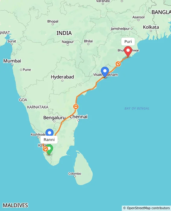 Route map showing distance and travel time from Ranni, India to Puri, India