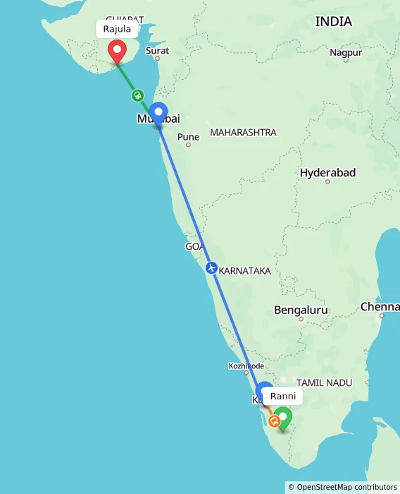 Route map showing distance and travel time from Ranni, India to Rajula, India