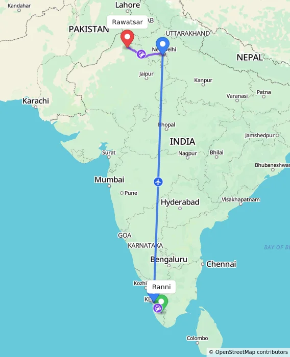 Route map showing distance and travel time from Ranni, India to Rawatsar, India