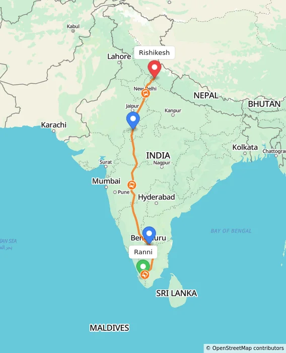 Route map showing distance and travel time from Ranni, India to Rishikesh, India