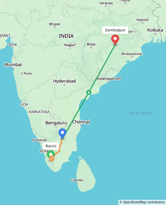Route map showing distance and travel time from Ranni, India to Sambalpur, India