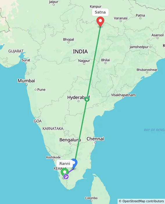 Route map showing distance and travel time from Ranni, India to Satna, India