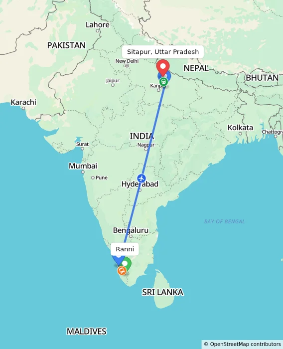 Route map showing distance and travel time from Ranni, India to Sitapur, Uttar Pradesh, India