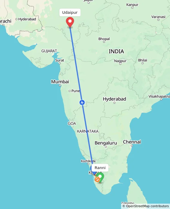 Route map showing distance and travel time from Ranni, India to Udaipur, India