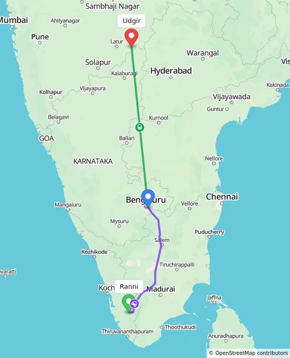 Route map showing distance and travel time from Ranni, India to Udgir, India