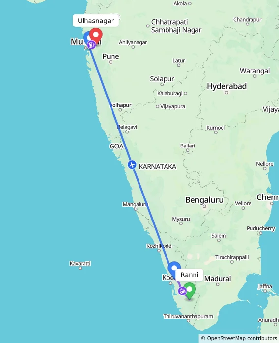 Route map showing distance and travel time from Ranni, India to Ulhasnagar, India