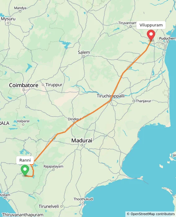 Route map showing distance and travel time from Ranni, India to Viluppuram, India