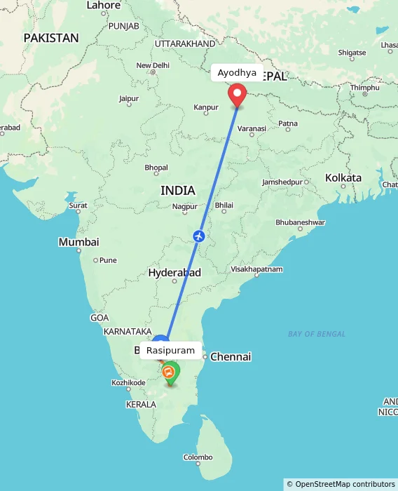 Route map showing distance and travel time from Rasipuram, India to Ayodhya, India