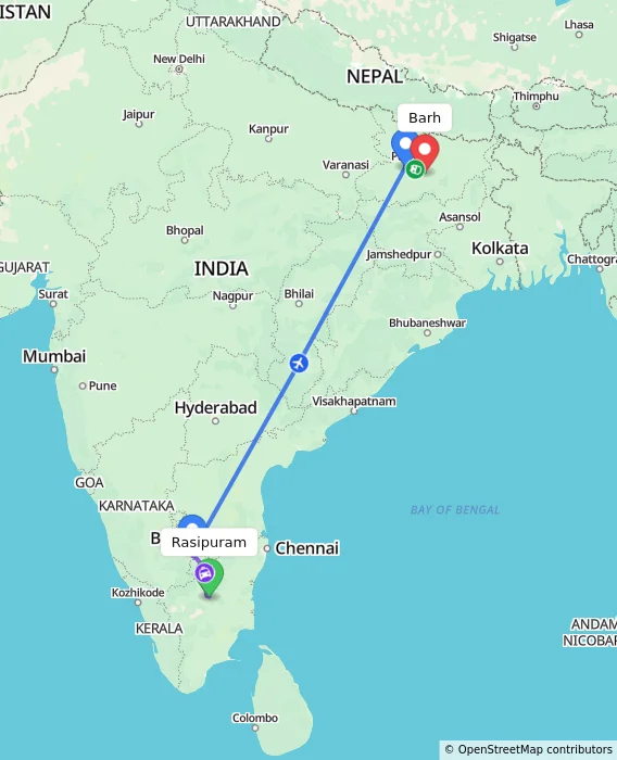 Route map showing distance and travel time from Rasipuram, India to Barh, India