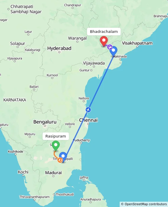 Route map showing distance and travel time from Rasipuram, India to Bhadrachalam, India