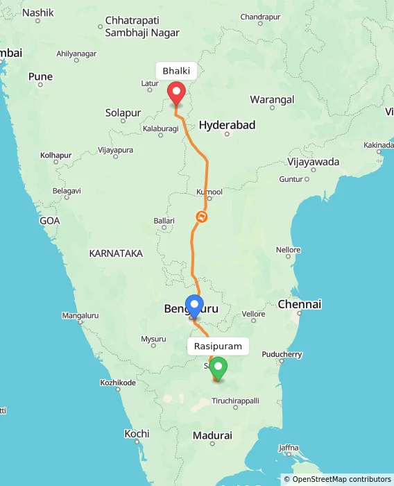 Route map showing distance and travel time from Rasipuram, India to Bhalki, India