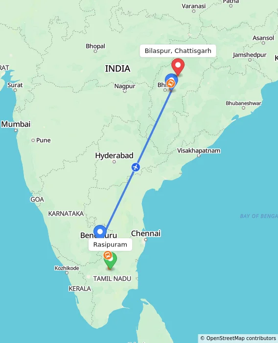 Route map showing distance and travel time from Rasipuram, India to Bilaspur, Chattisgarh, India