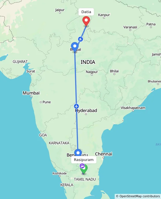Route map showing distance and travel time from Rasipuram, India to Datia, India