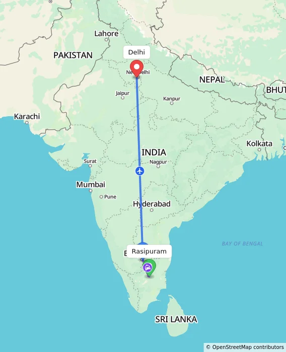Route map showing distance and travel time from Rasipuram, India to Delhi, India