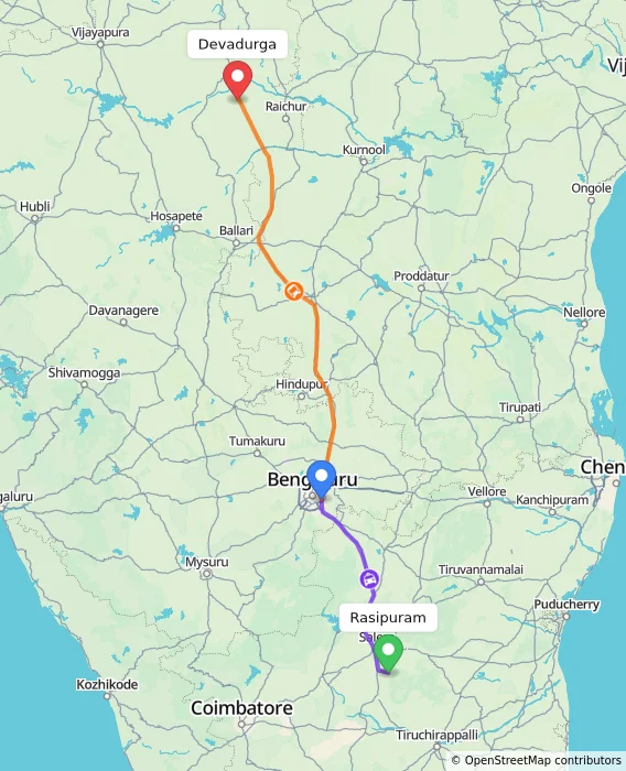 Route map showing distance and travel time from Rasipuram, India to Devadurga, India