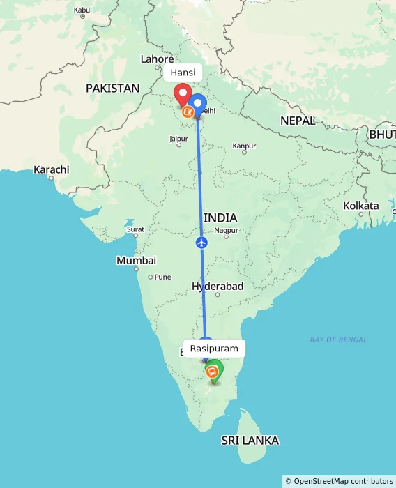 Route map showing distance and travel time from Rasipuram, India to Hansi, India