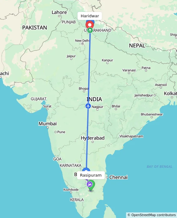 Route map showing distance and travel time from Rasipuram, India to Haridwar, India