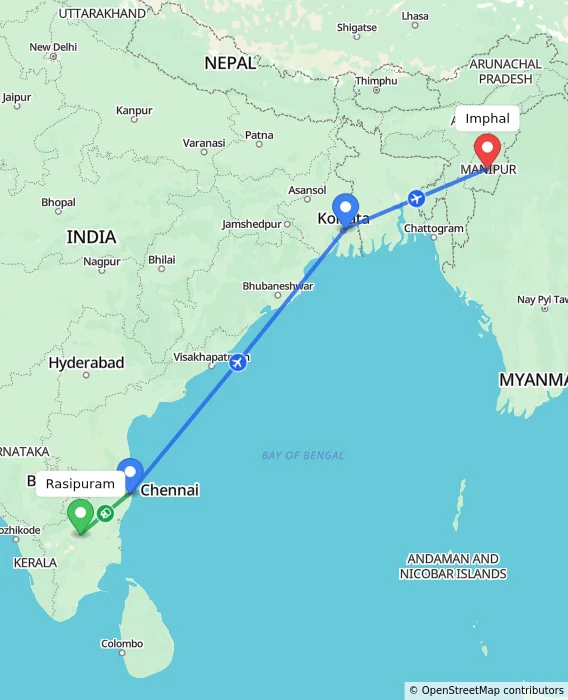 Route map showing distance and travel time from Rasipuram, India to Imphal, India