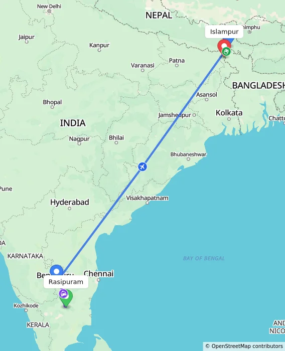 Route map showing distance and travel time from Rasipuram, India to Islampur, India
