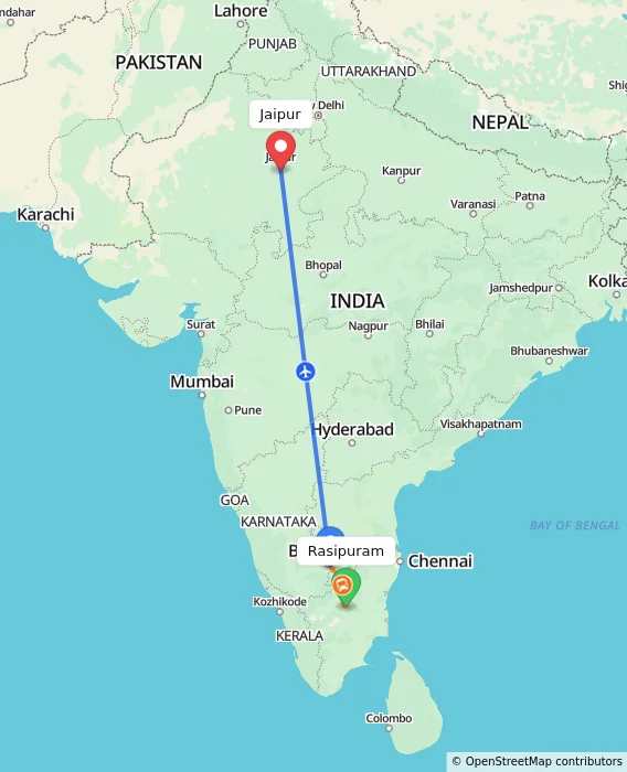 Route map showing distance and travel time from Rasipuram, India to Jaipur, India