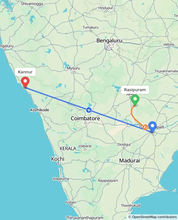 Route map showing distance and travel time from Rasipuram, India to Kannur, India