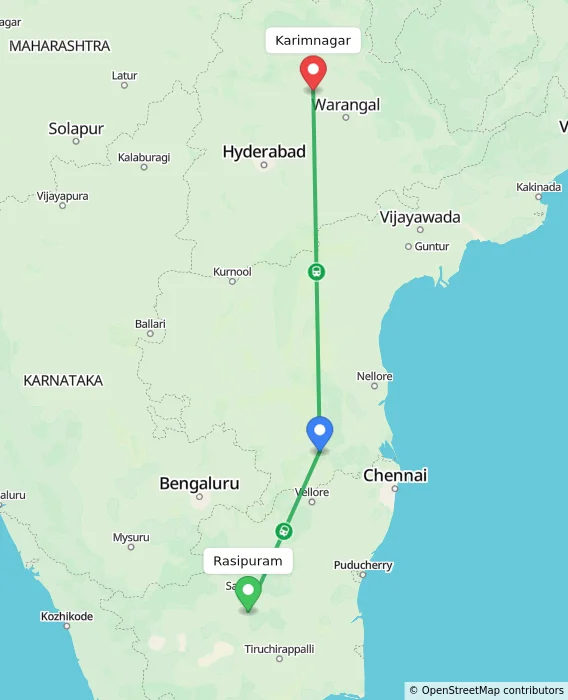 Route map showing distance and travel time from Rasipuram, India to Karimnagar, India