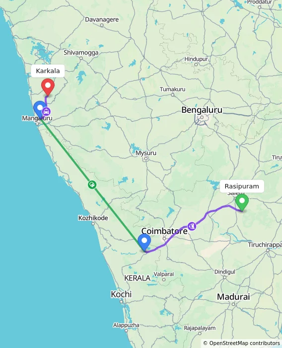 Route map showing distance and travel time from Rasipuram, India to Karkala, India