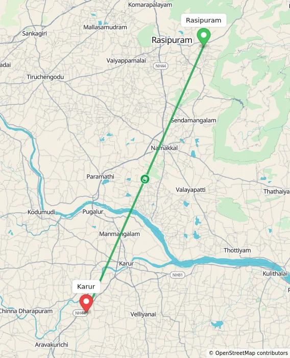Route map showing distance and travel time from Rasipuram, India to Karur, India