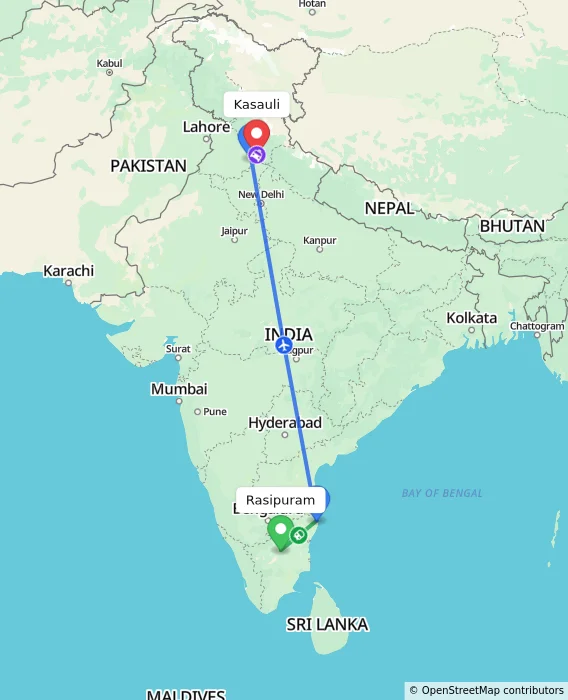 Route map showing distance and travel time from Rasipuram, India to Kasauli, India