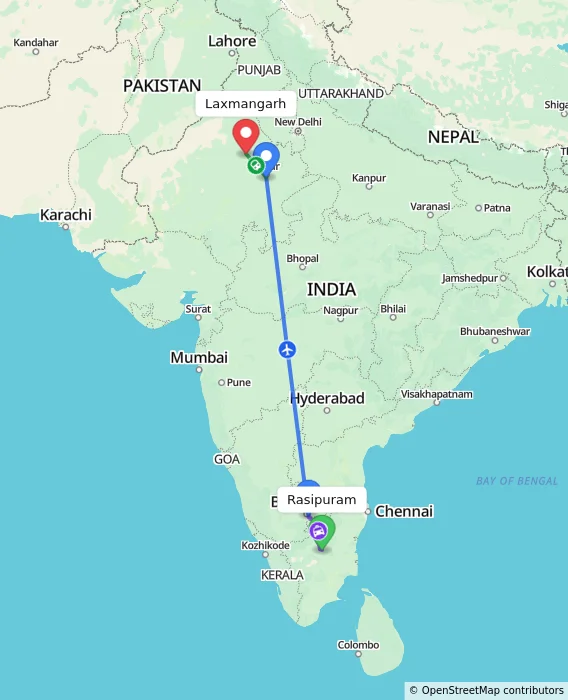 Route map showing distance and travel time from Rasipuram, India to Laxmangarh, India