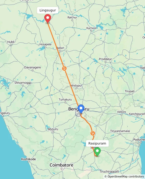 Route map showing distance and travel time from Rasipuram, India to Lingsugur, India
