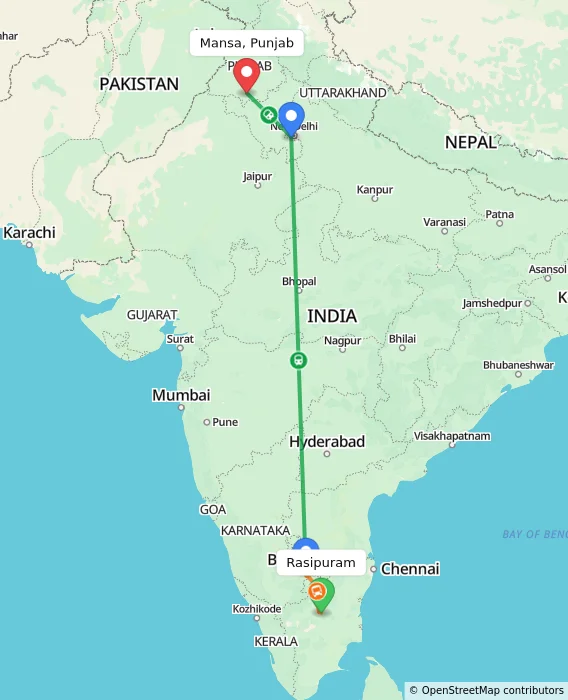 Route map showing distance and travel time from Rasipuram, India to Mansa, Punjab, India