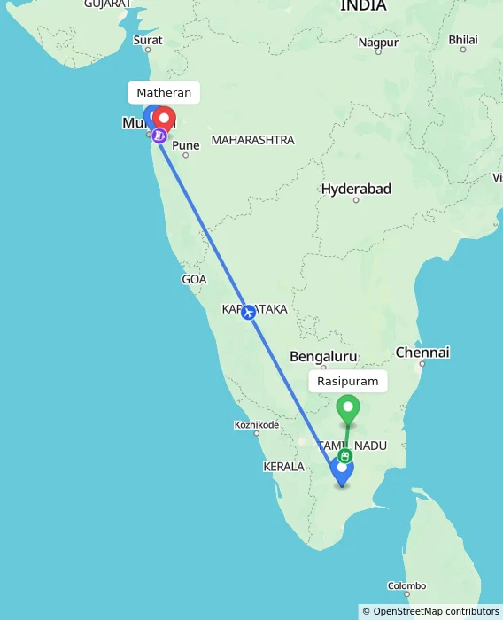 Route map showing distance and travel time from Rasipuram, India to Matheran, India