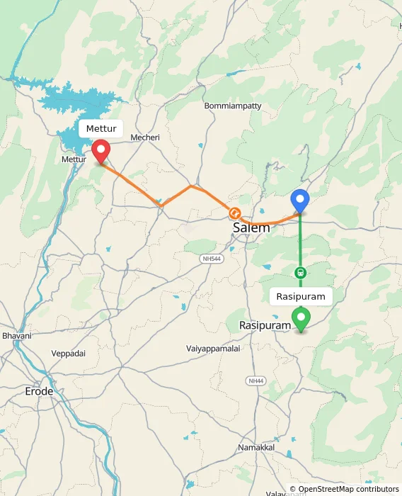 Route map showing distance and travel time from Rasipuram, India to Mettur, India