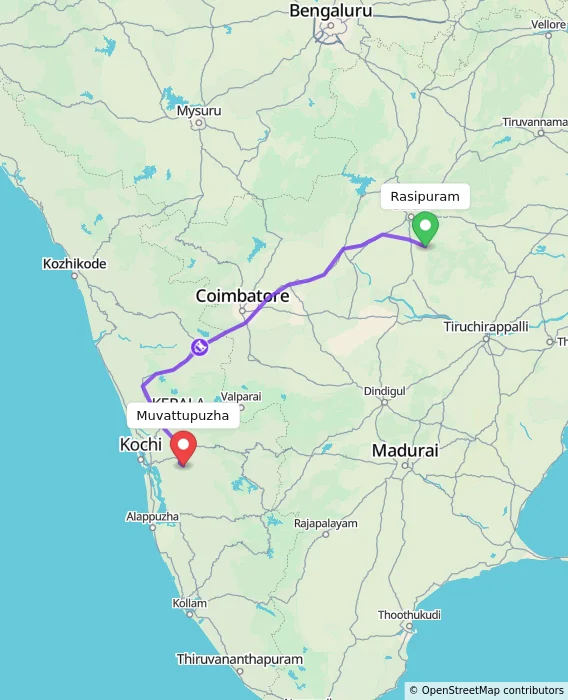 Route map showing distance and travel time from Rasipuram, India to Muvattupuzha, India