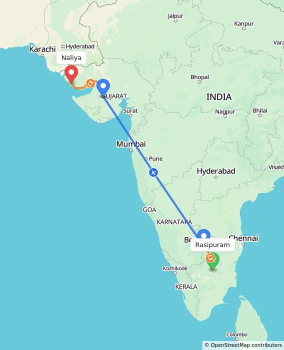 Route map showing distance and travel time from Rasipuram, India to Naliya, India