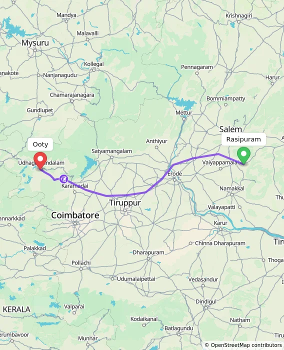 Route map showing distance and travel time from Rasipuram, India to Ooty, India